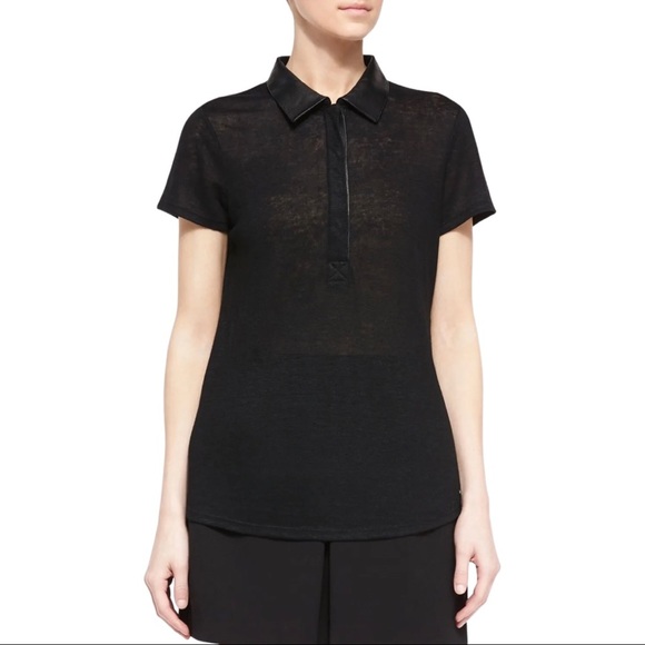 Vince Leather-Trim Polo Black Linen T-Shirt S ($245) - Picture 1 of 6